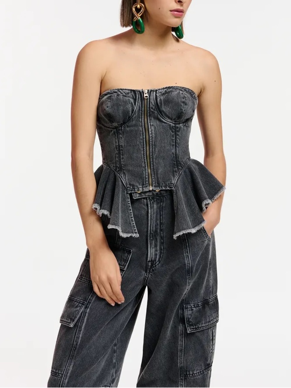 Essentiel Antwerp Washed Black Grey Denim Peplum Zip-Front Bustier Crop Top